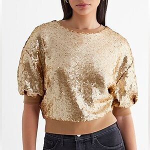 Express Gold Sequin Crew Neck Puff Sleeve Sweatshirt Size Medium